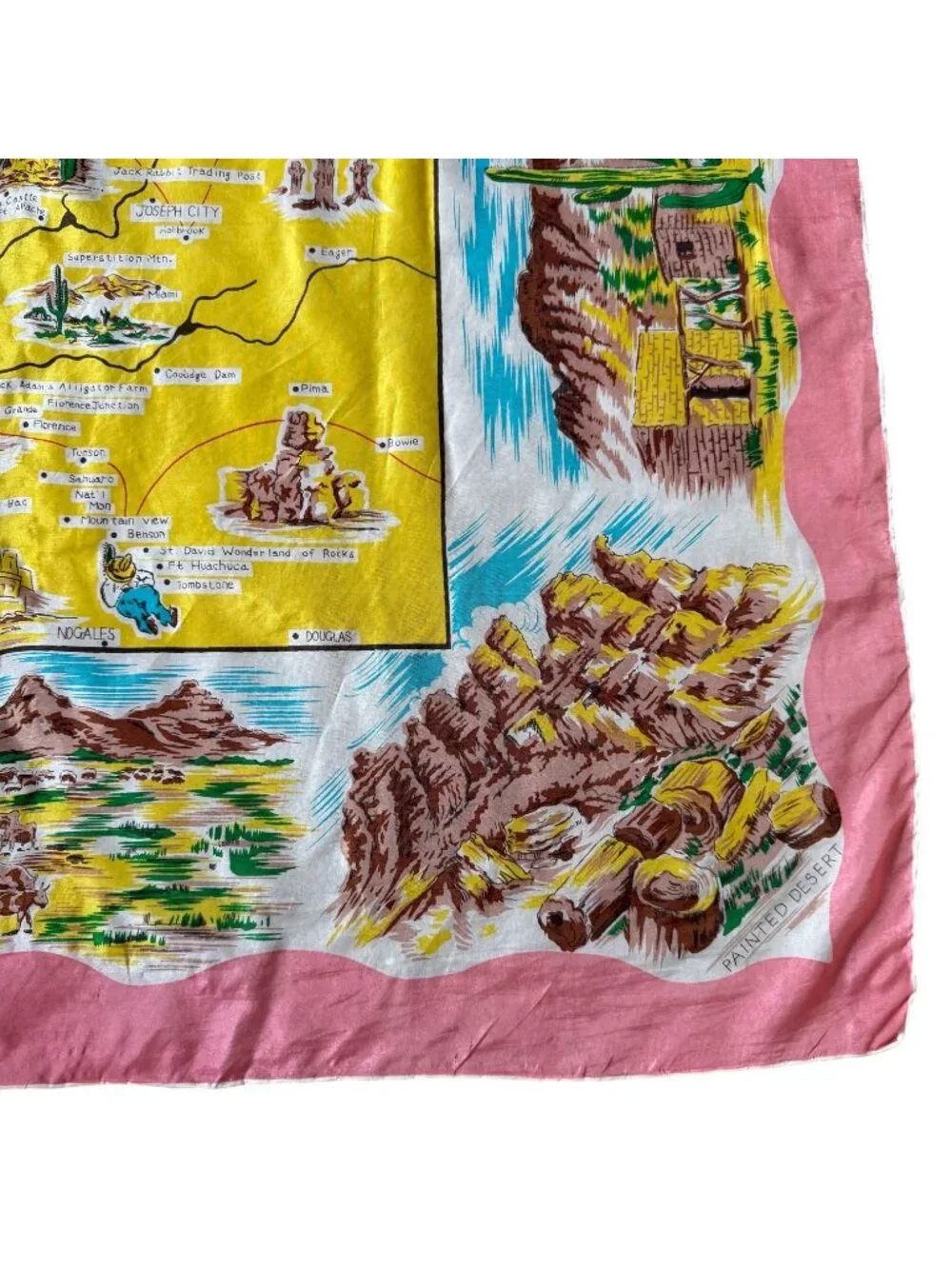 Vintage Arizona Souvenir Map Scarf Silk Blend Pink Border Hand Rolled Hem Japan